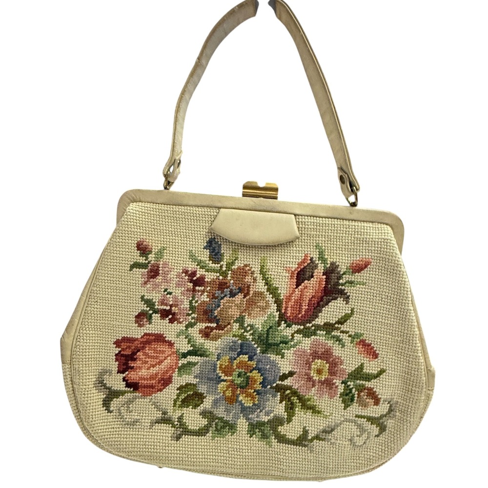 Vintage Women Needlepoint Handbag Cream Floral Clasp Bag 50‎ 60s